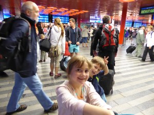 Waiting to see what platform we need to get to for the Prague to Vienna train